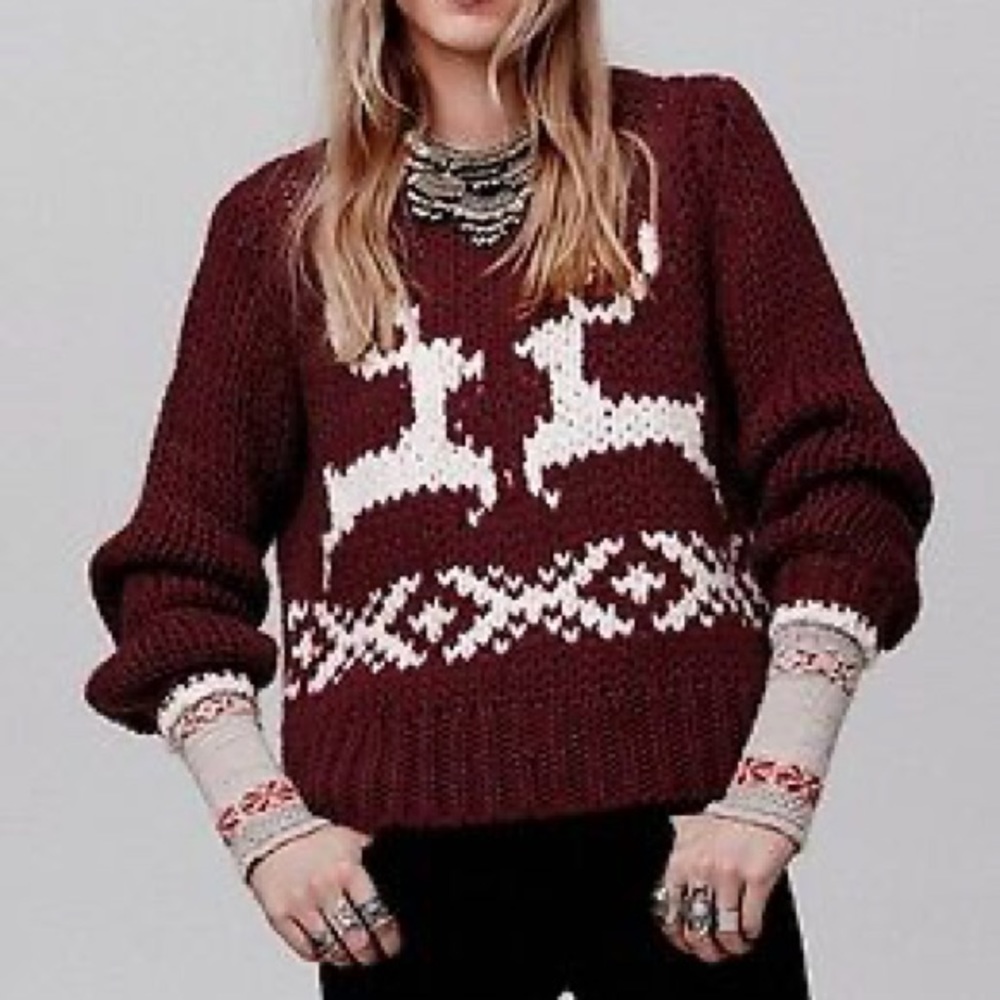 Free People Dancer and Prancer Festive Holiday Christmas Deer Sweater